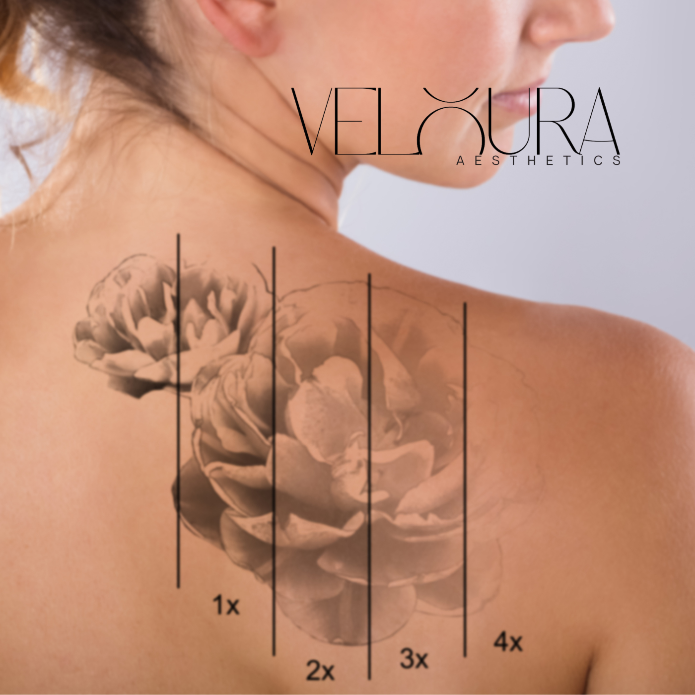 Tattoo design on a person's back with 'Veloura Aesthetics' branding.